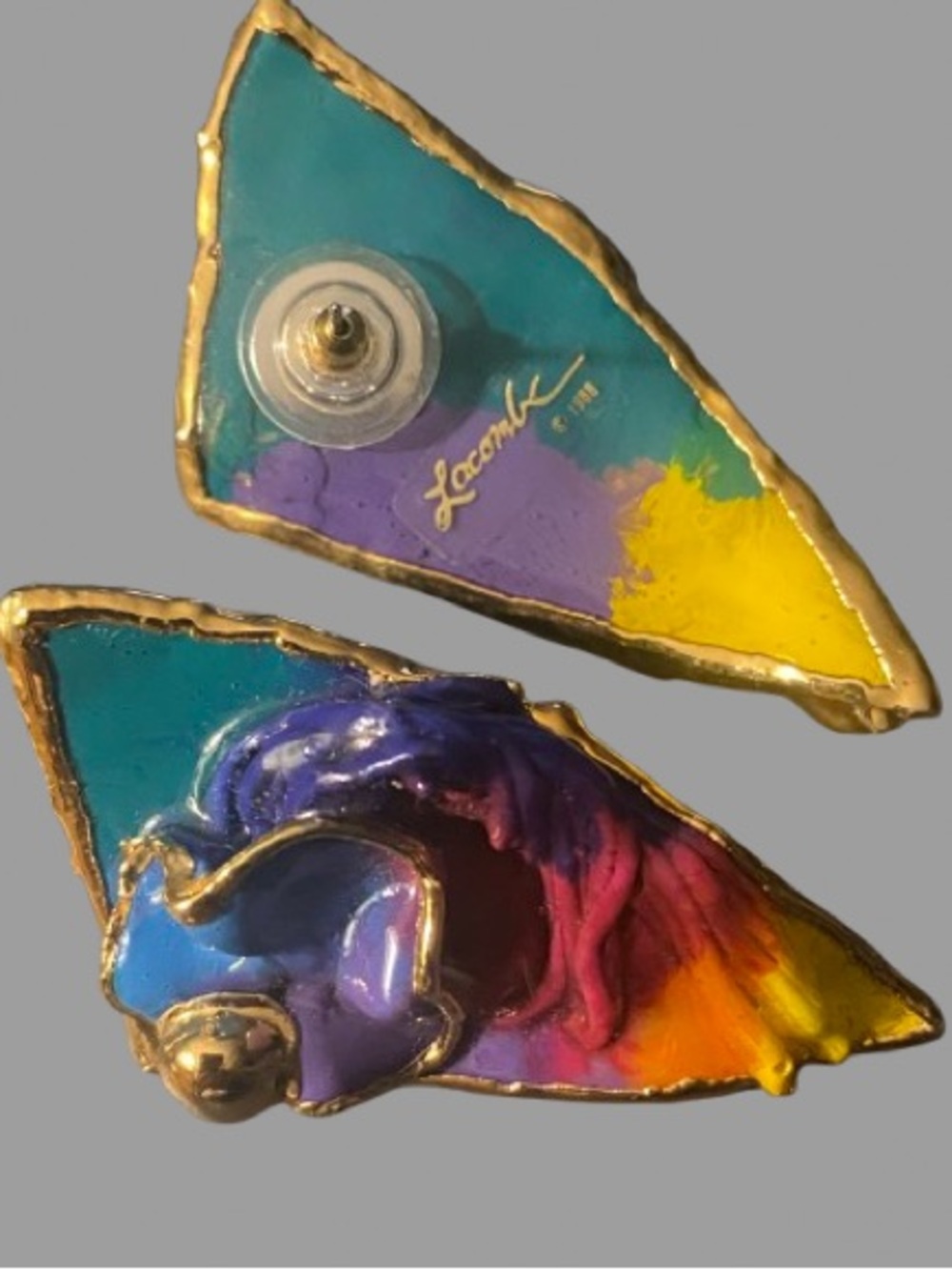 Vintage Hand-Crafted Amy Lacombe Wearable Art Abstract Colors Pierced Earrings